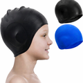 2 Pack Kids Swim Caps for Boys Girls, Durable Silicone Swimming Cap with 3D Ear Pockets for Age 3-15 Toddler Child Youth Teen, Unisex Swim Bath Hats for Short/Long Hair with Ear Plugs Nose Clip