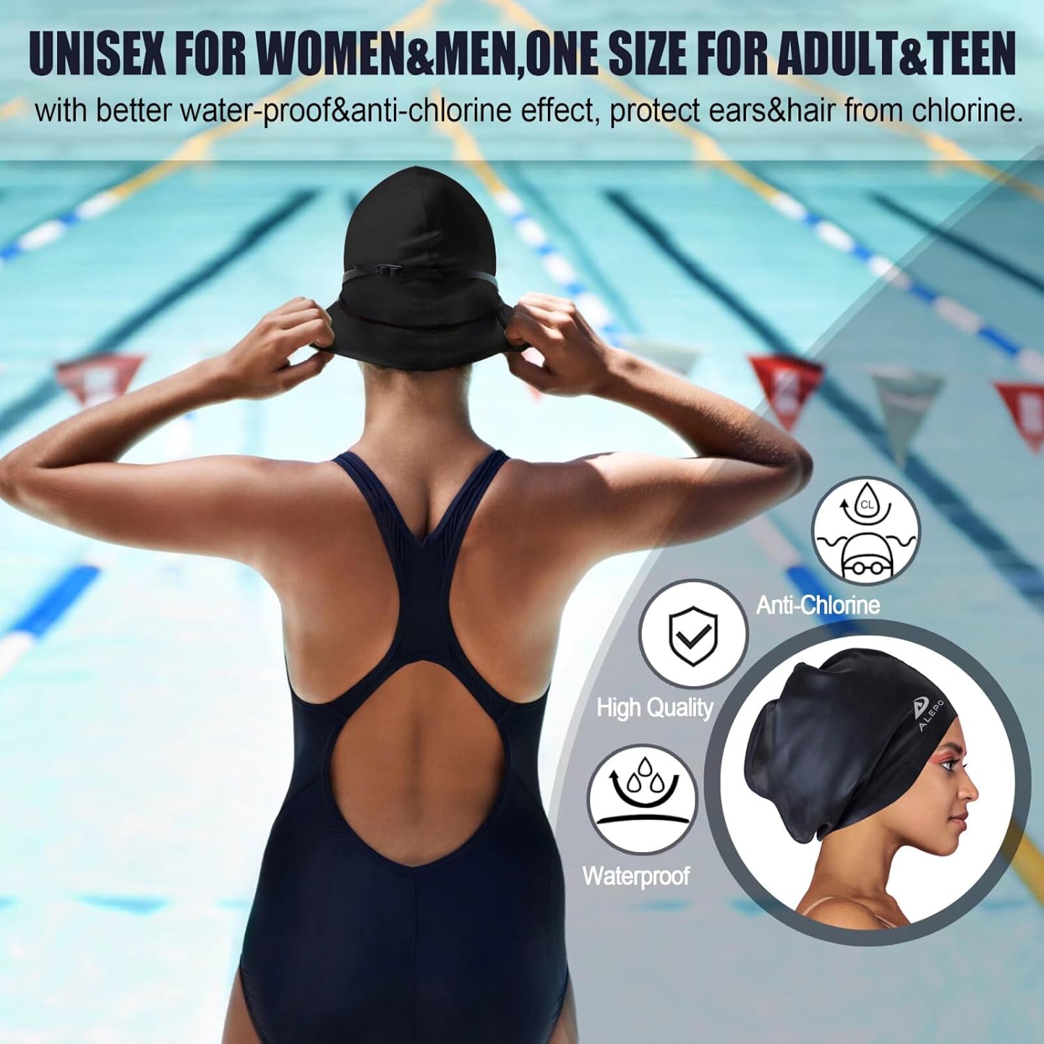 Extra Large Swimming Cap Women Men, Durable Silicone Swimming Hat Long Hair with Ear Protection, Unisex Adults Swim Caps for Long Thick Curly Hair & Dreadlocks Braids Weaves Afro Hair