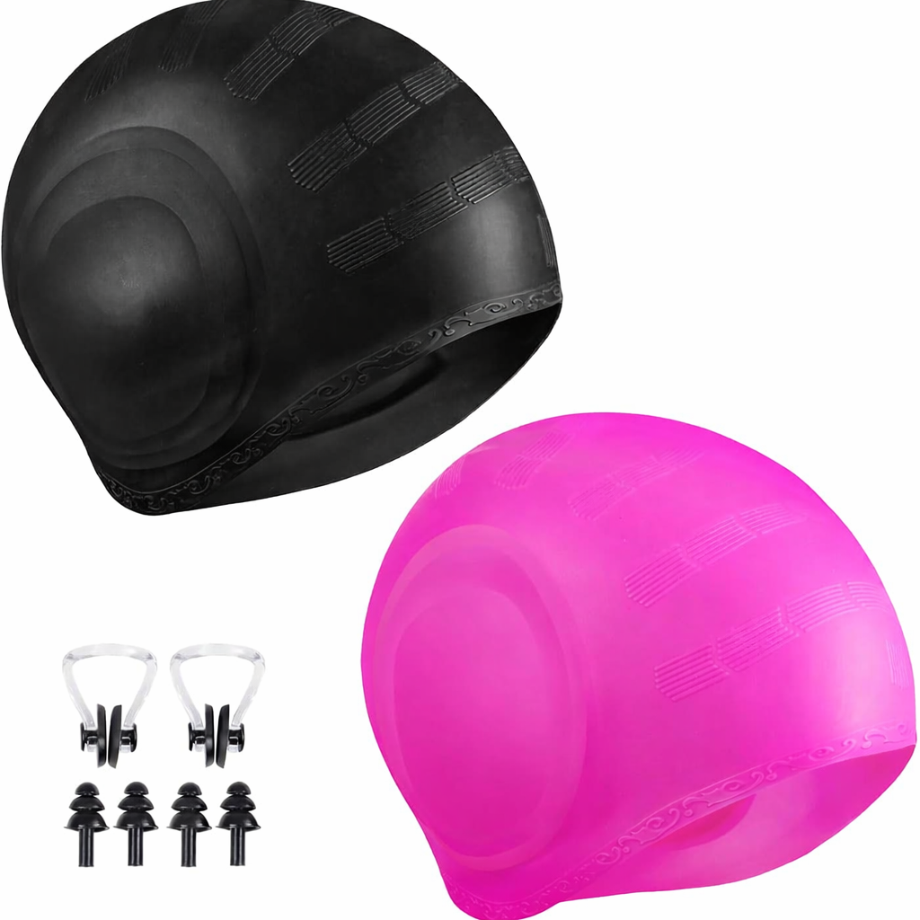 2 Pack Unisex Swim Caps with 3D Ear Protection, Durable Flexible Silicone Swimming Hats for Women Men Kids Adults, Bathing Swimming Caps for Short/Long Hair with Ear Plugs&Nose Clip