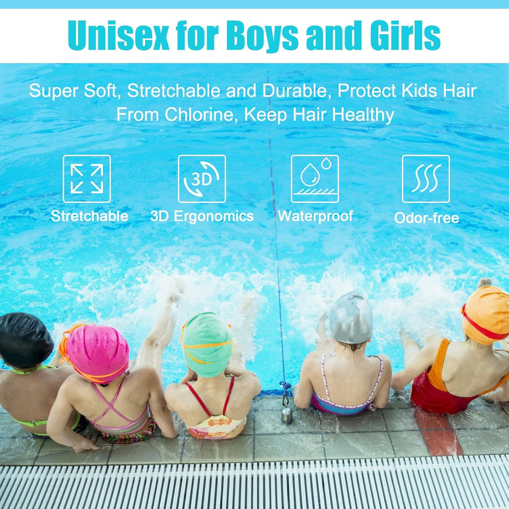2 Pack Kids Swim Caps Age 3-8, Durable Silicone Swimming Cap with 3D Ear Pockets