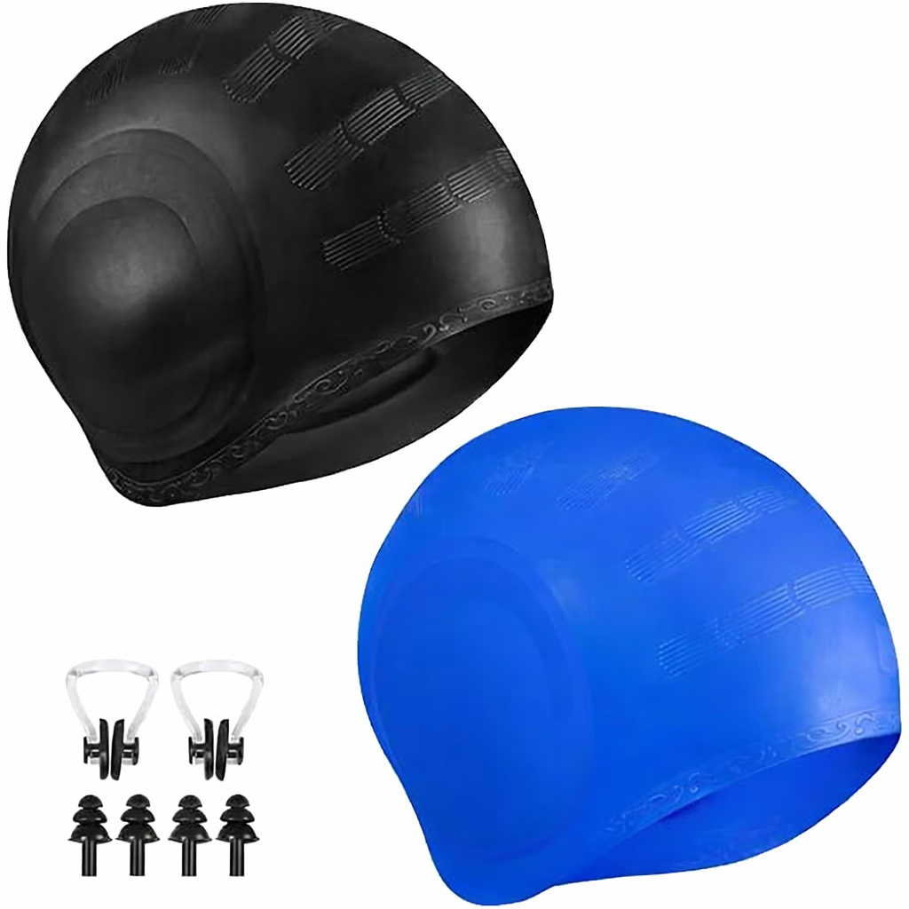 2 Pack Unisex Swim Caps with 3D Ear Protection, Durable Flexible Silicone Swimming Hats for Women Men Kids Adults, Bathing Swimming Caps for Short/Long Hair with Ear Plugs&Nose Clip